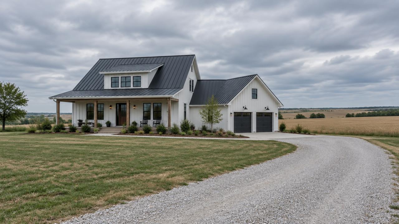 A white farmhouse-style home with a dark metal roof at the edge of open fields, with a gravel drive under a cloudy sky