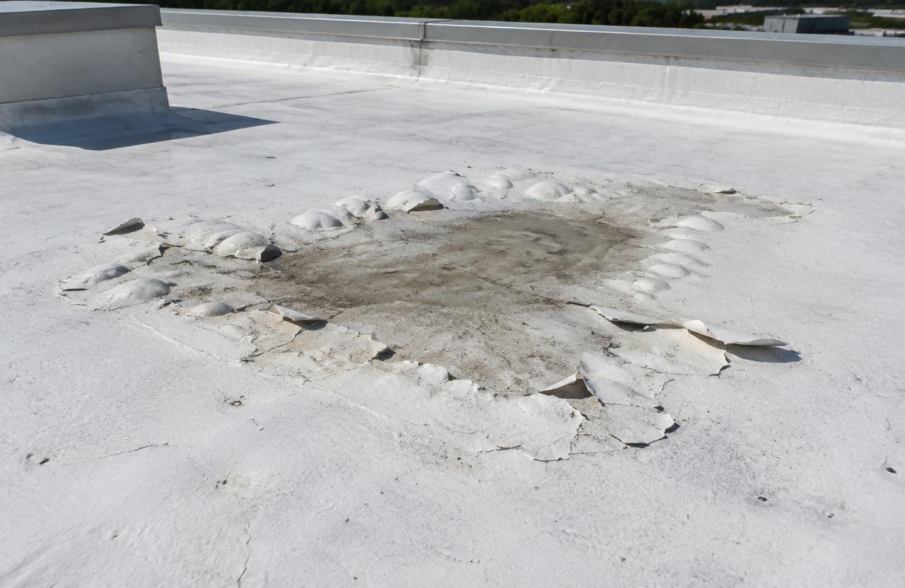 White acrylic coating peeling and blistering around a dried puddle stain on a low-slope commercial roof