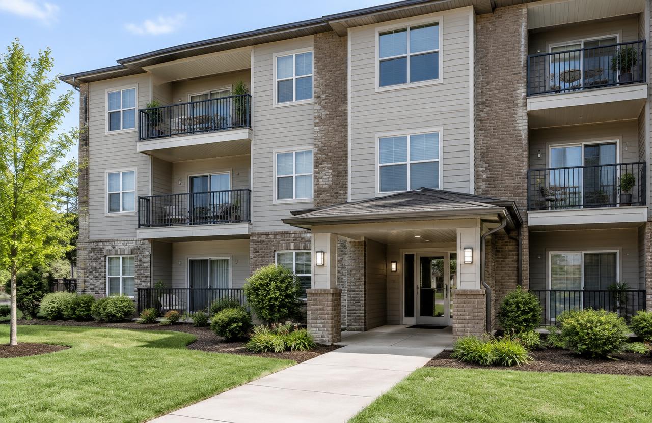 Three-story apartment building with balconies, a low-slope roofline and a covered front entrance with a walkway