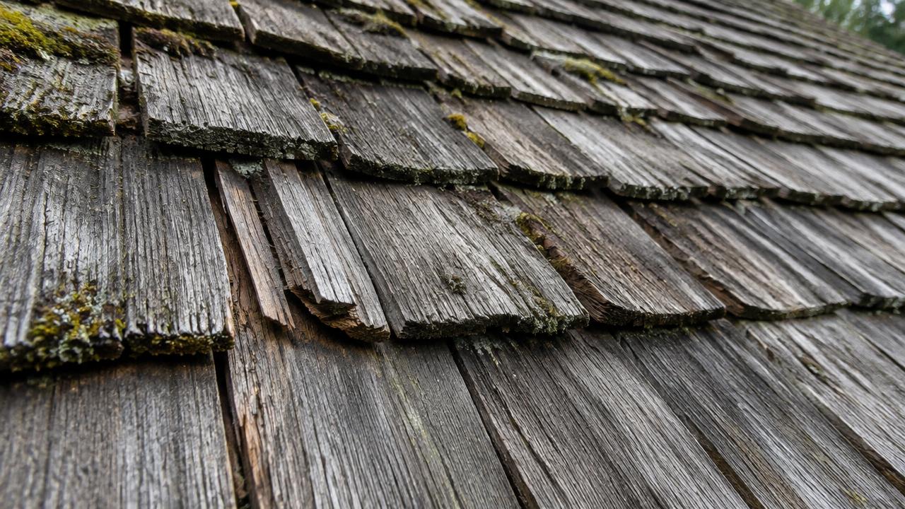 Close view of weathered gray cedar shakes on a roof, with patches of moss and a few split and curled pieces