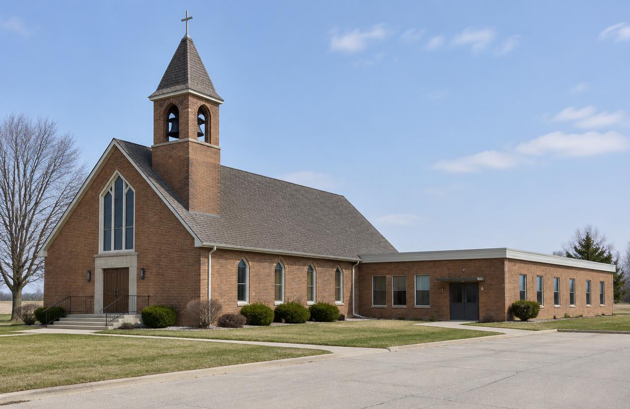 Brick church with a steep shingled roof and bell tower, joined to a flat-roofed fellowship hall wing