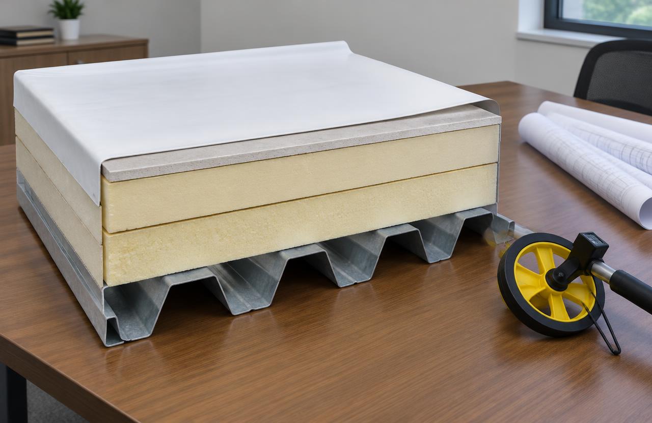 A cutaway sample of a commercial roof on a table showing a steel deck, two foam insulation boards, a thin cover board and a white membrane, beside a measuring wheel and rolled drawings