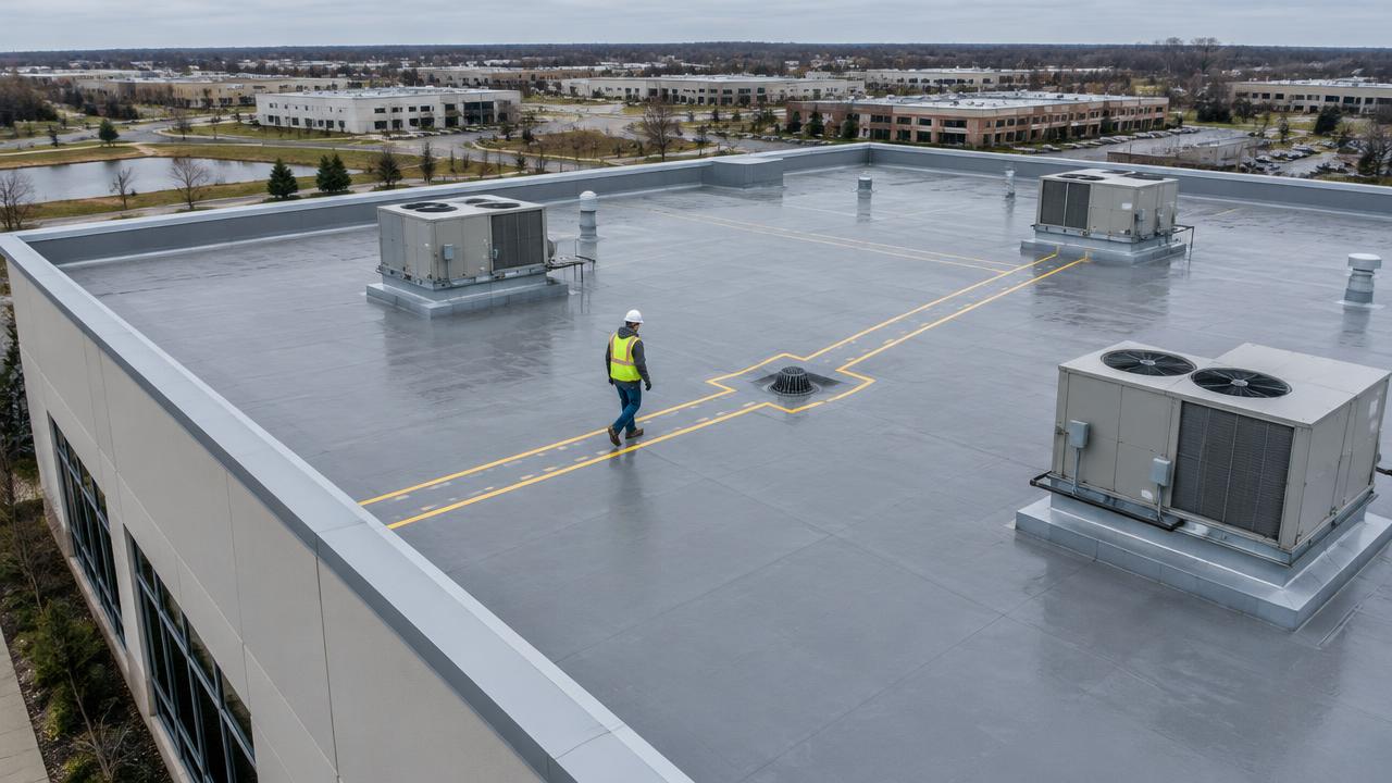 A worker in a hard hat and safety vest walks a marked path across a flat gray commercial roof with a drain and rooftop air units