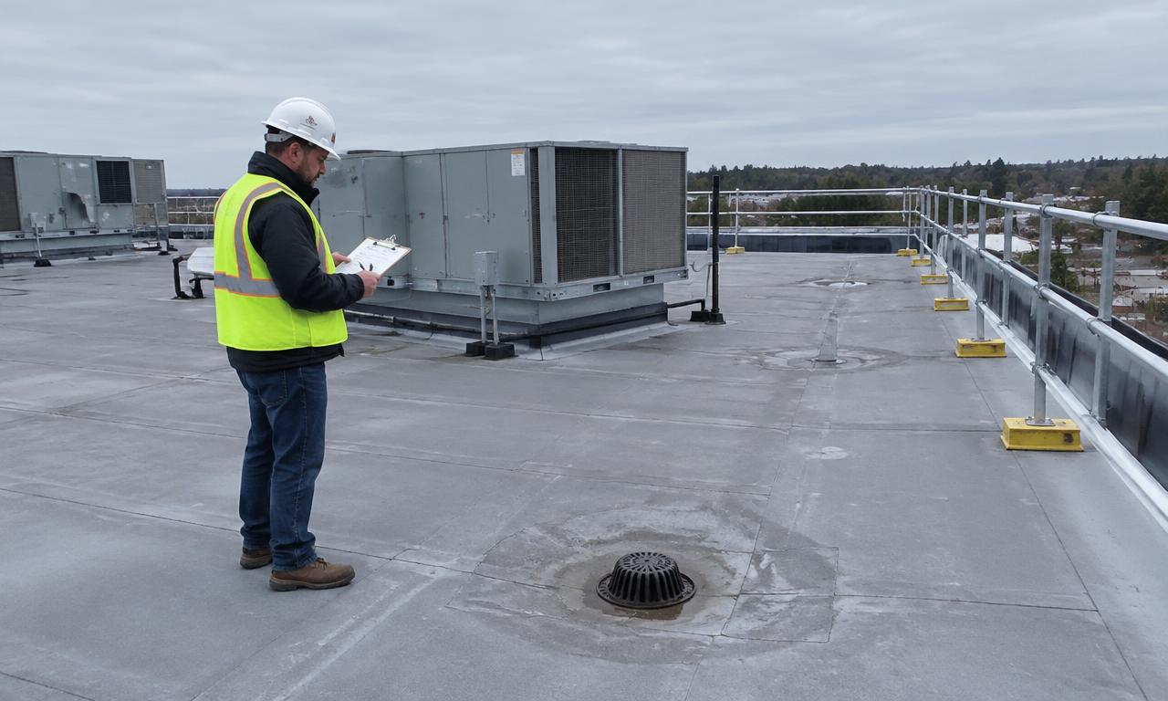 A facility worker in a hard hat and safety vest checks a clipboard on a gray flat roof beside a roof drain and air units, with guardrails at the edge