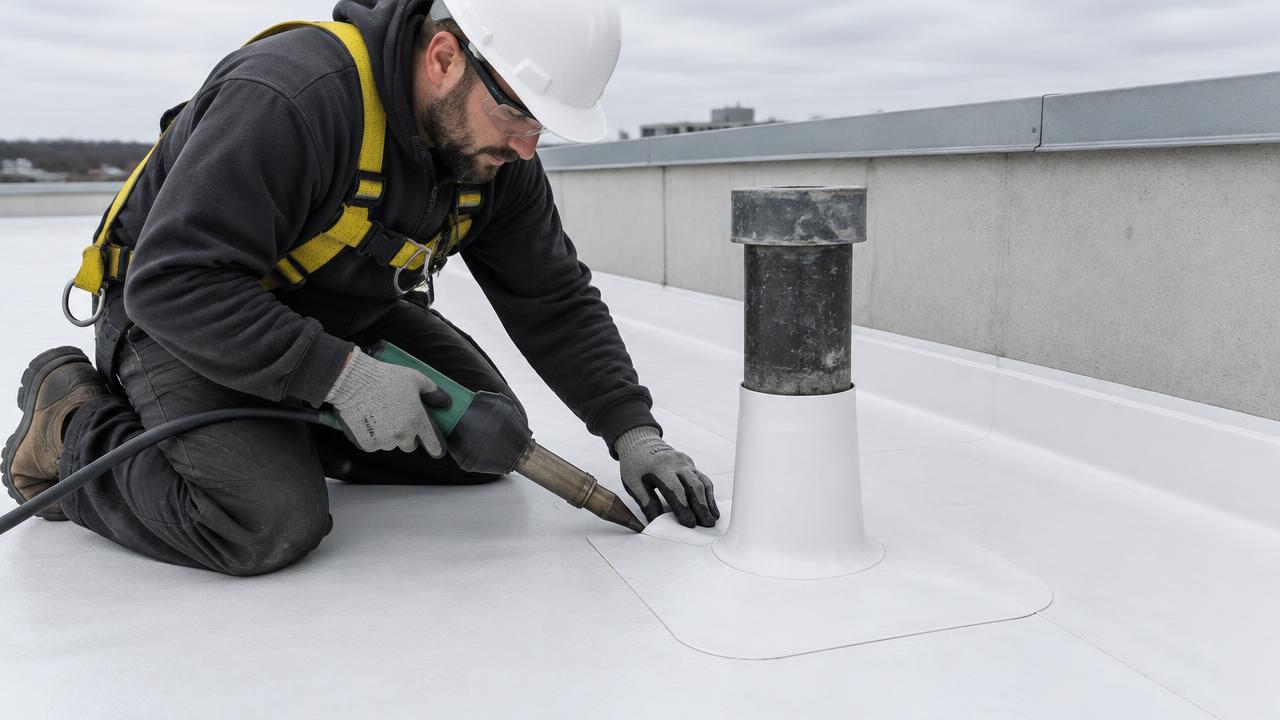 A commercial roofer in a hard hat and harness heat-welds a white membrane boot around a pipe on a flat roof