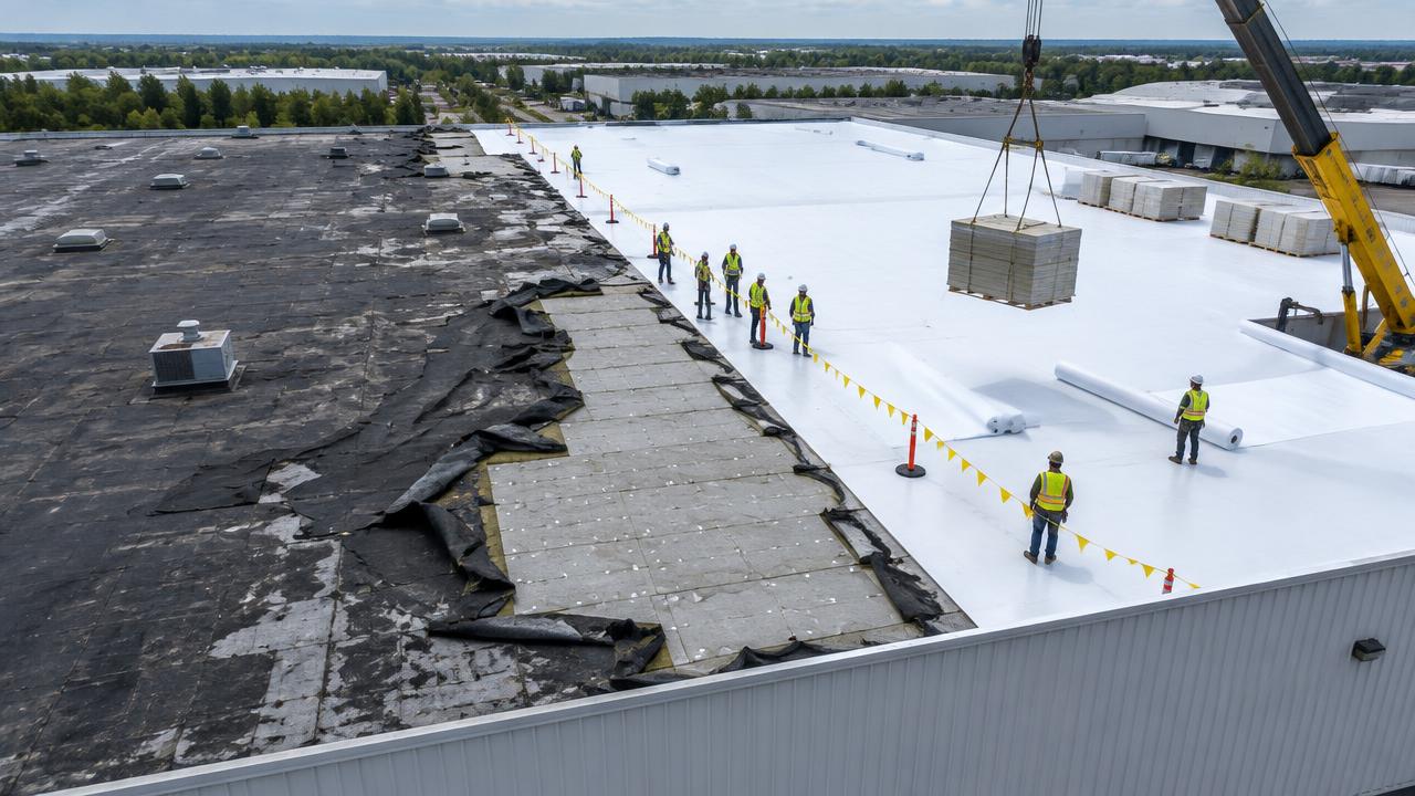 Crew in safety vests behind a warning line as old black membrane is torn off a warehouse roof and new white membrane goes down