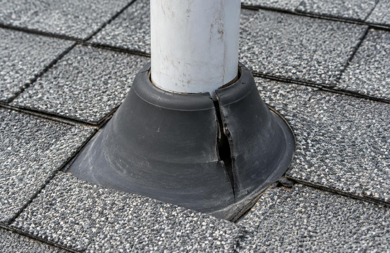 A white plumbing vent pipe coming up through gray shingles with its black rubber boot cracked open around the pipe