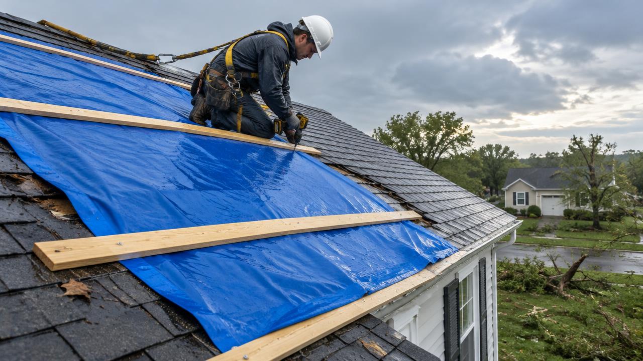 A roofer in a hard hat and harness nails wood strips over a blue tarp on a wet, storm-damaged shingle roof