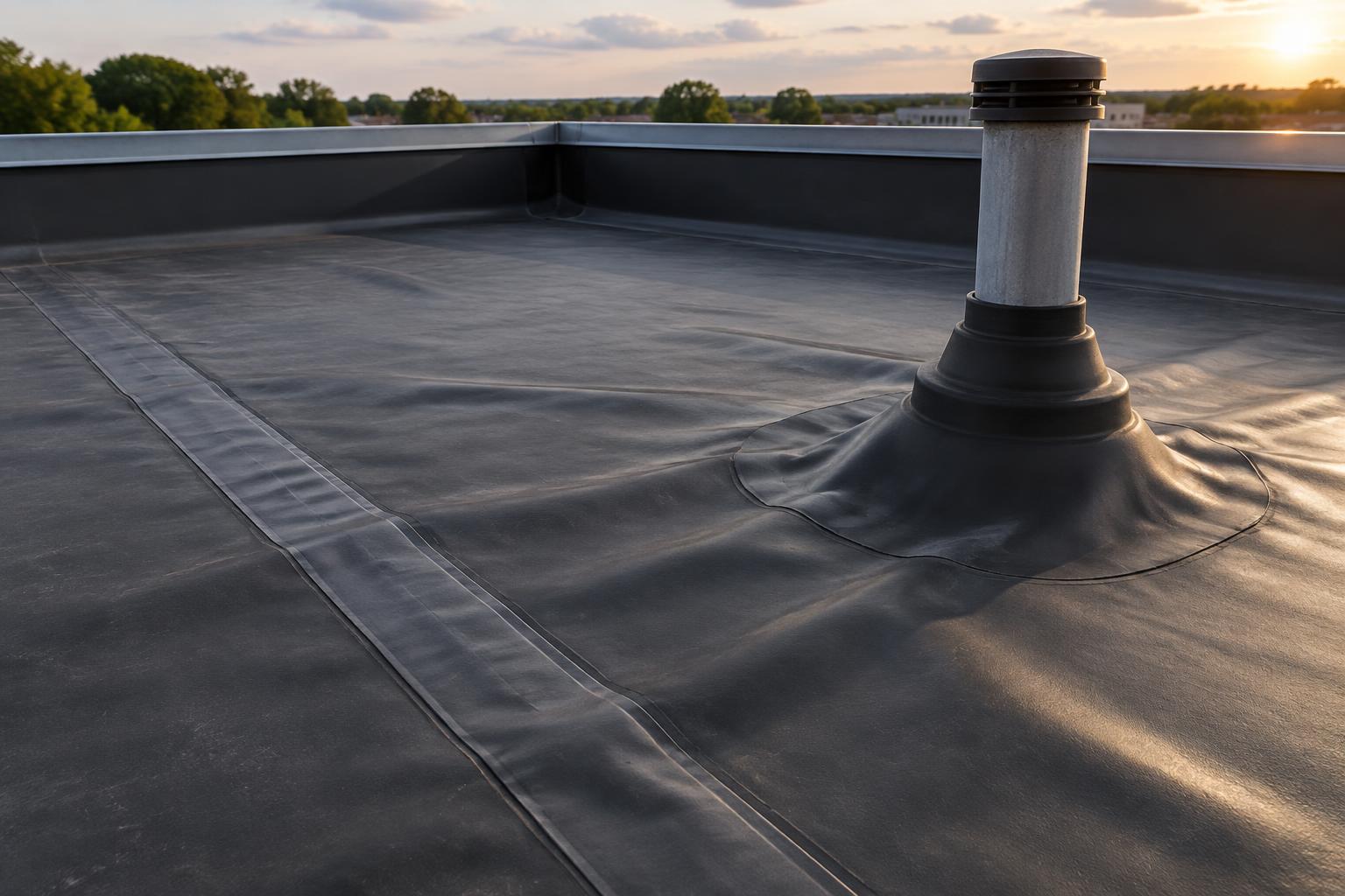 A black EPDM rubber roof with a taped seam running across it and a rubber boot sealing around a metal vent pipe at sunset