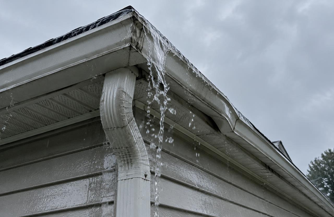 Rainwater spills over the corner of a white house gutter next to a downspout during a gray rainy day
