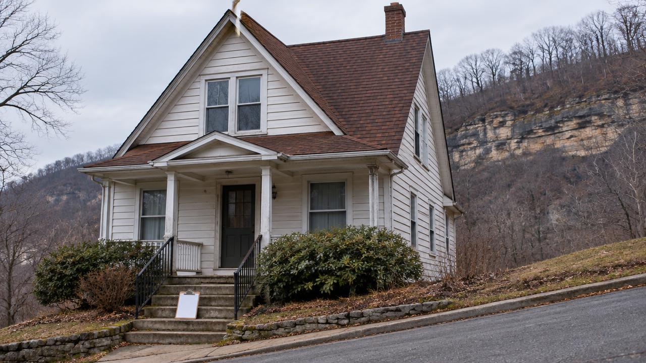 An older wood-sided house with a steep reddish-brown shingle roof and brick chimney on a hillside street with bluffs behind, and a blank clipboard on the front steps