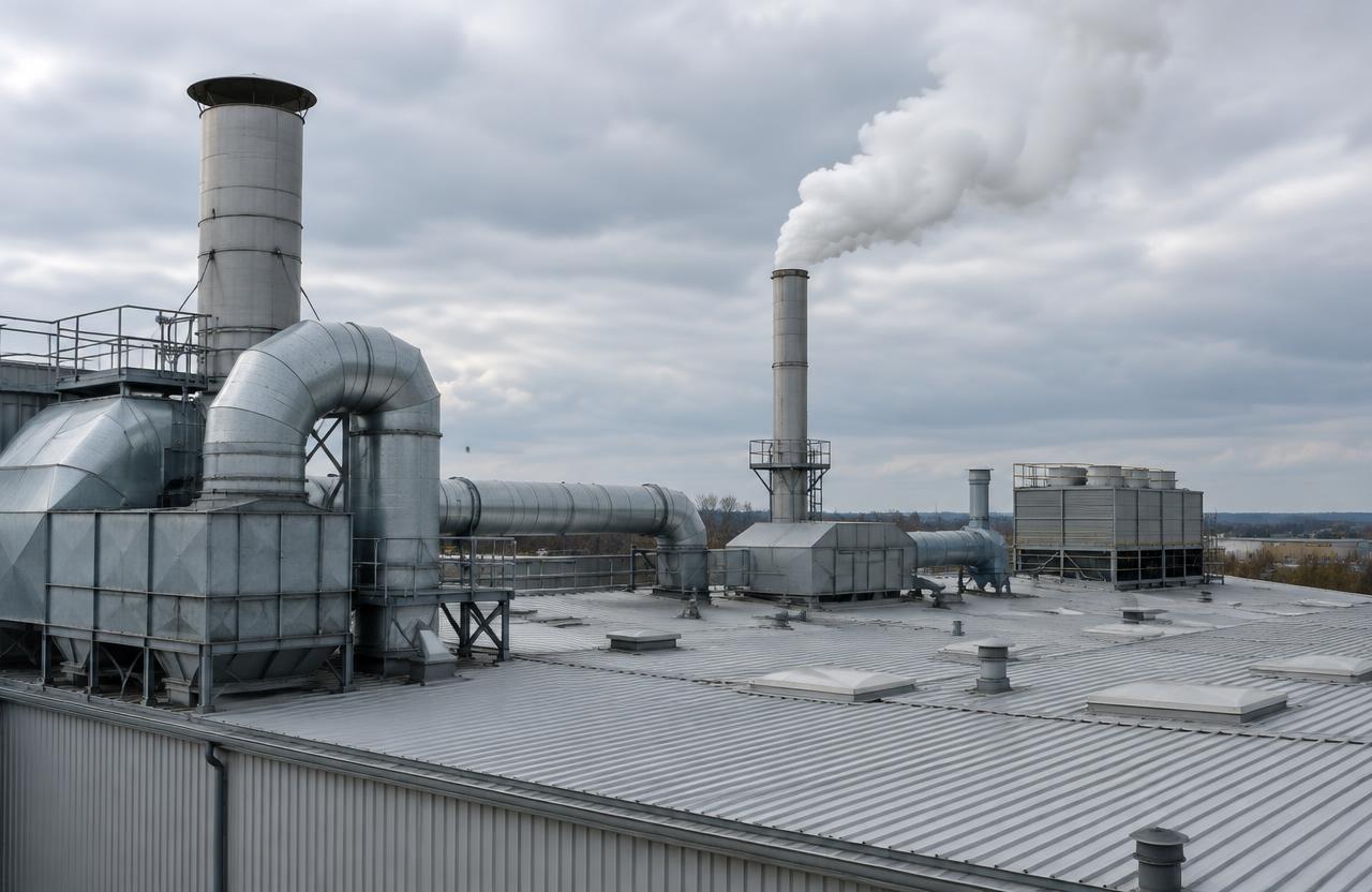 Factory rooftop with large exhaust stacks, ductwork and equipment on a metal roof, with steam rising from one stack under a cloudy sky