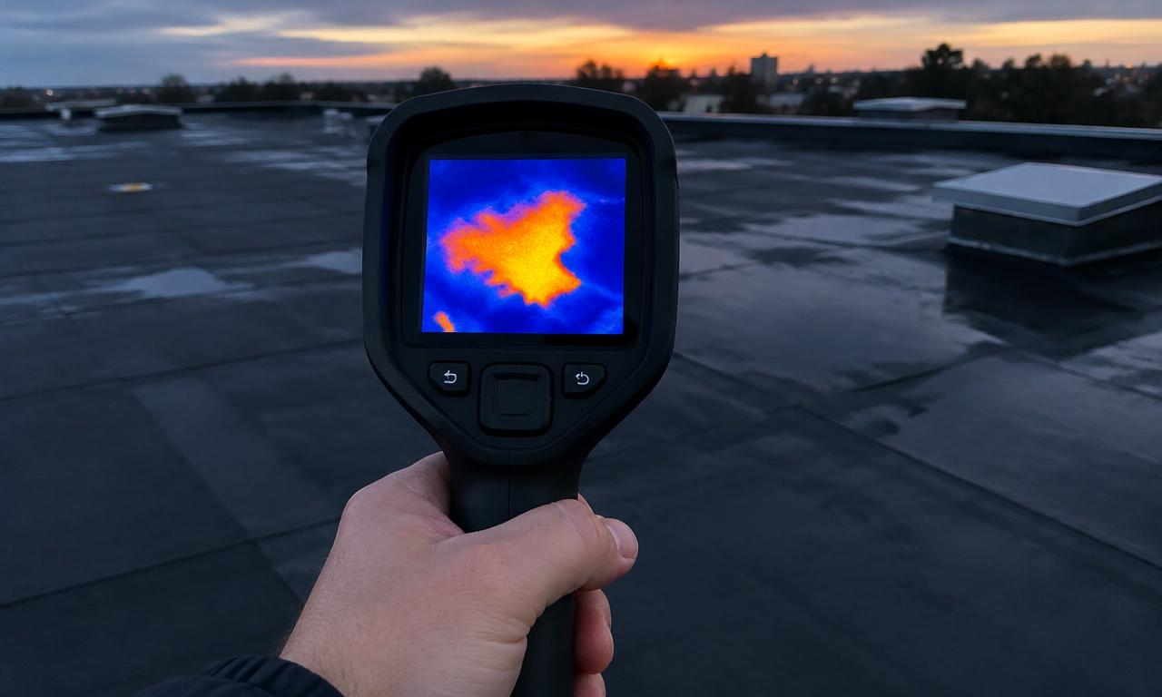 A hand holds an unbranded thermal camera over a dark flat roof at dusk, its screen showing a warm orange patch on a blue background