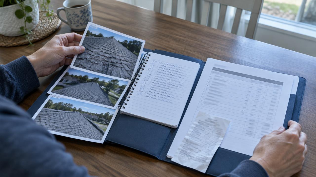 Hands sort dated roof photos, a handwritten timeline notebook, an itemized estimate and a tarp receipt inside a blue folder on a kitchen table
