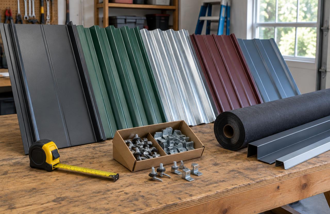 Metal roof panel samples in several profiles and colors on a workbench, with clips, screws, a roll of underlayment, trim pieces and a tape measure