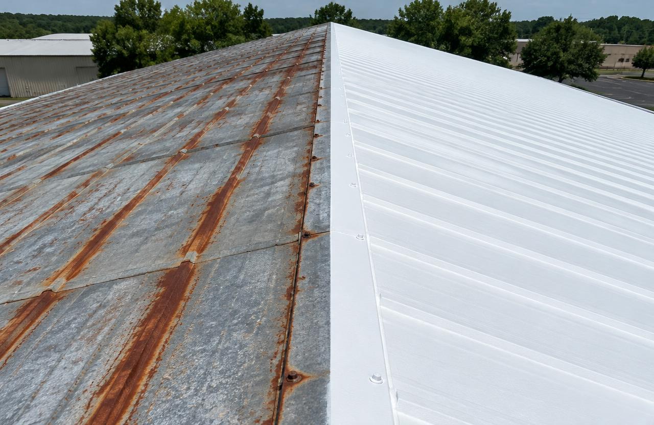 Commercial metal roof split down the middle: one side weathered with rust streaks, the other freshly coated white