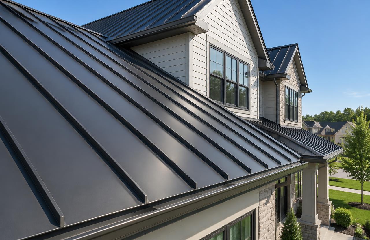 A dark gray standing seam metal roof on a two-story home, with raised seams running from the ridge down to the gutter