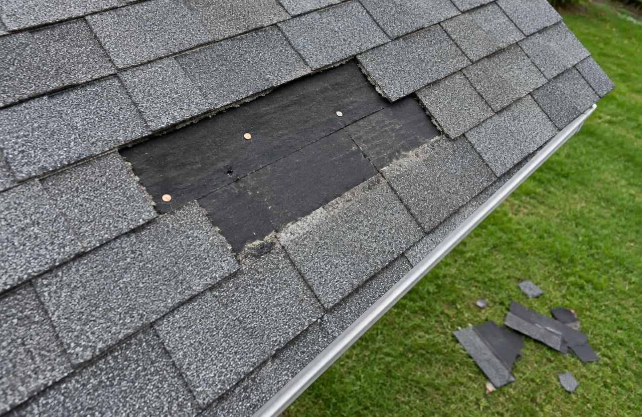A gray shingle roof with a bare patch of black underlayment where shingles are missing, with broken pieces on the lawn below