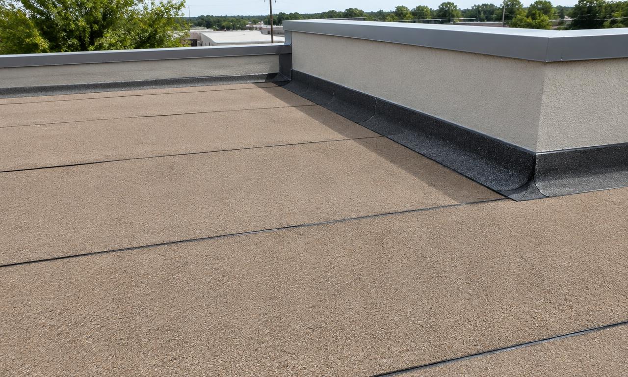 A granule-surfaced modified bitumen roof on a small commercial building, showing overlapping roll laps and dark base flashing up a parapet wall
