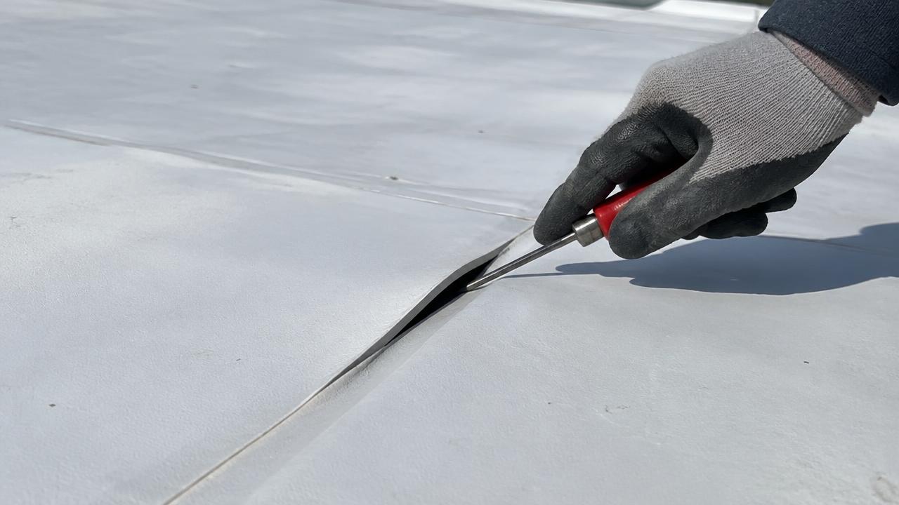 A gloved hand holds a small probe tool at an open seam where the top edge of a white roof sheet has pulled away from the sheet below