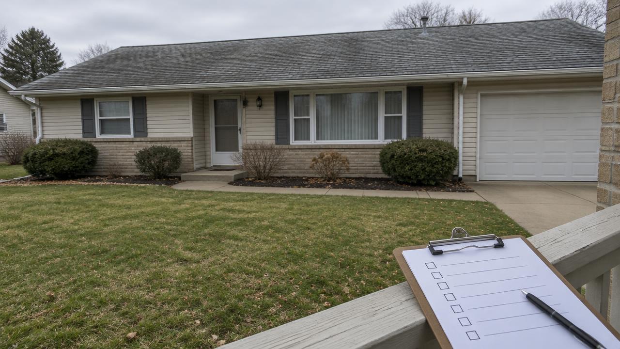 A ranch house with a weathered gray shingle roof seen across a front lawn on a cloudy day, with a blank checklist on a clipboard resting on a porch rail