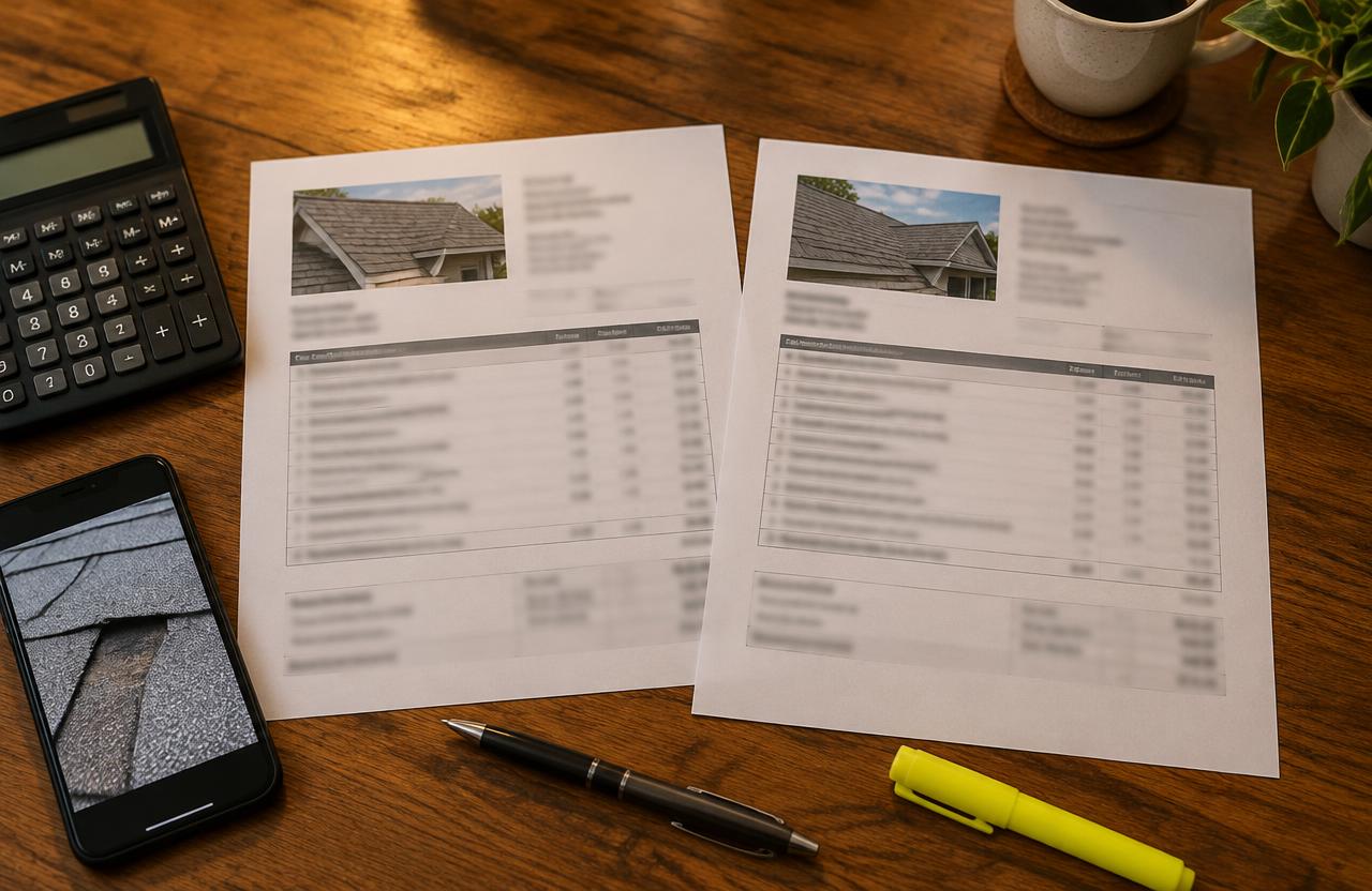 Two printed roof repair estimates side by side on a counter, with a pen, a highlighter, a calculator and a phone photo of a damaged shingle