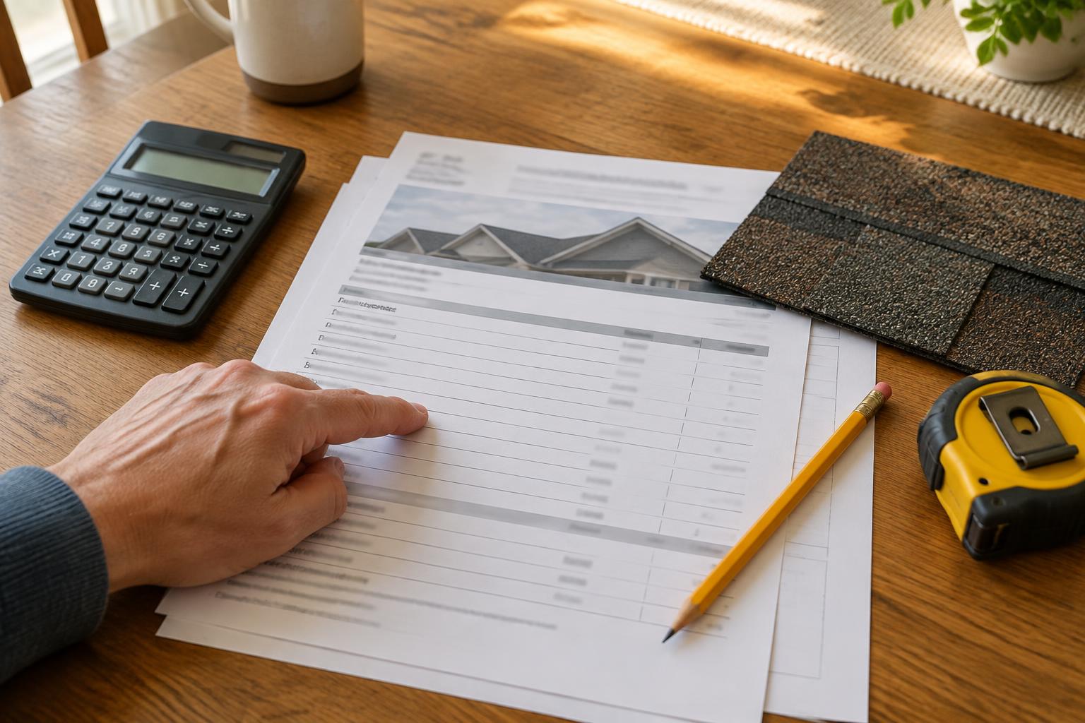 A homeowner points at a line on a printed roofing estimate on a kitchen table beside a calculator, a pencil, a shingle sample and a tape measure
