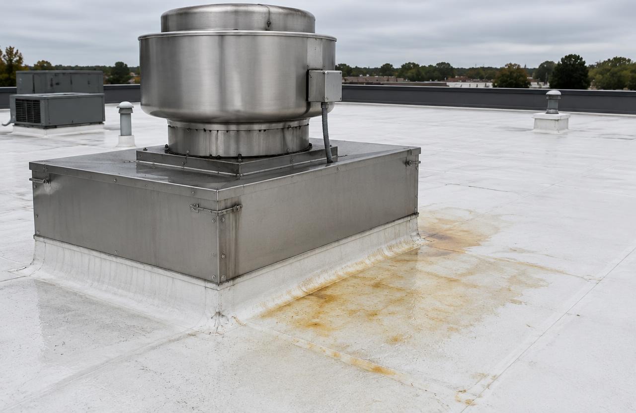 A stainless kitchen exhaust fan on a curb atop a white flat roof, with a grease box at its base and amber grease stains spreading across the membrane