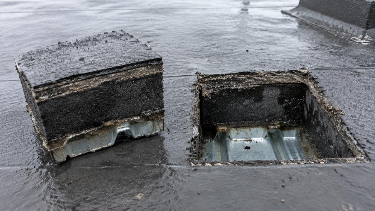 A square core cut from a flat roof lies next to the hole, showing dark damp foam insulation between the roof surface and a metal deck