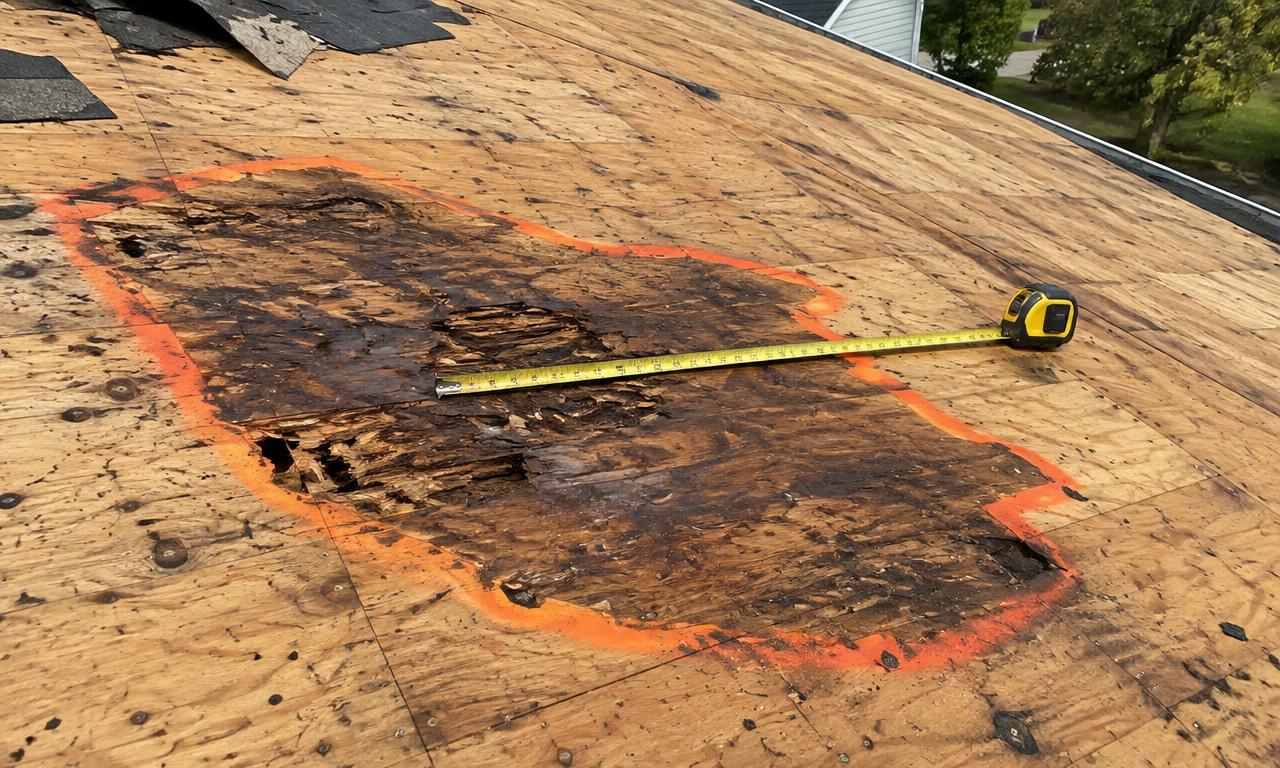 Exposed plywood roof decking during a tear-off, with a dark rotted section outlined in orange paint and a tape measure across it