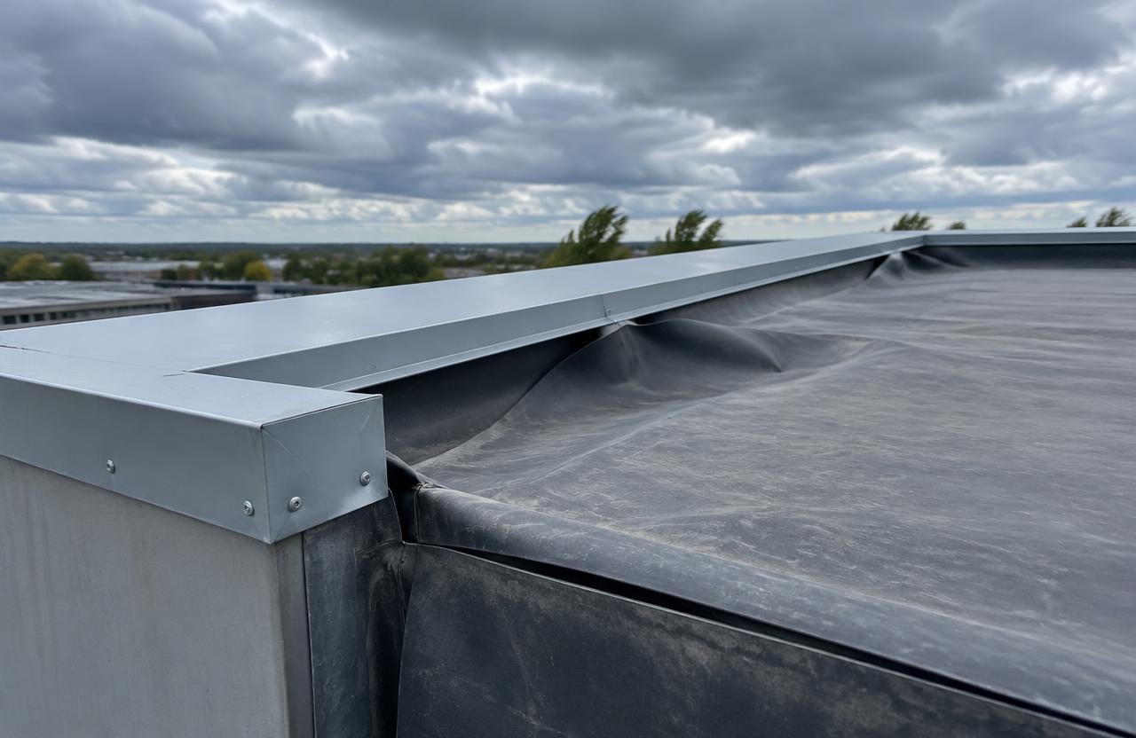 Metal edge flashing at the corner of a flat commercial roof, with the dark membrane lifted and billowed near the edge under cloudy, windy skies