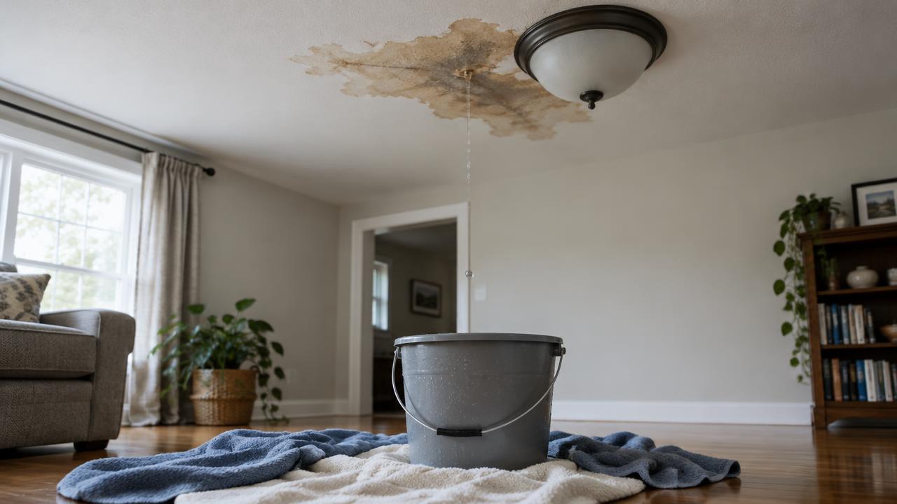 A brown water stain on a living room ceiling near a light, with a drip falling into a bucket on towels