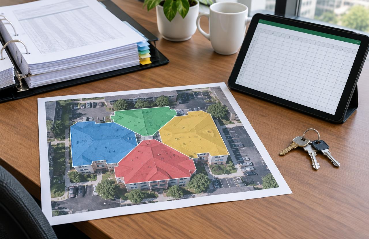 An aerial roof plan split into four colored sections on a desk, beside a records binder, a tablet with a blank spreadsheet and a set of keys