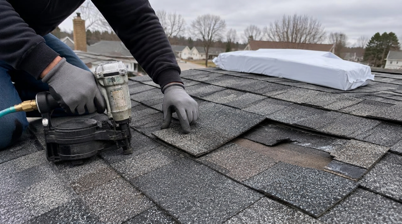 A roofer nails a new shingle into a spot where old shingles were torn off