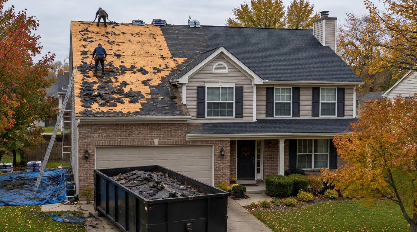 Crew removes old shingles on one side of a two-story house while new dark shingles cover the other side