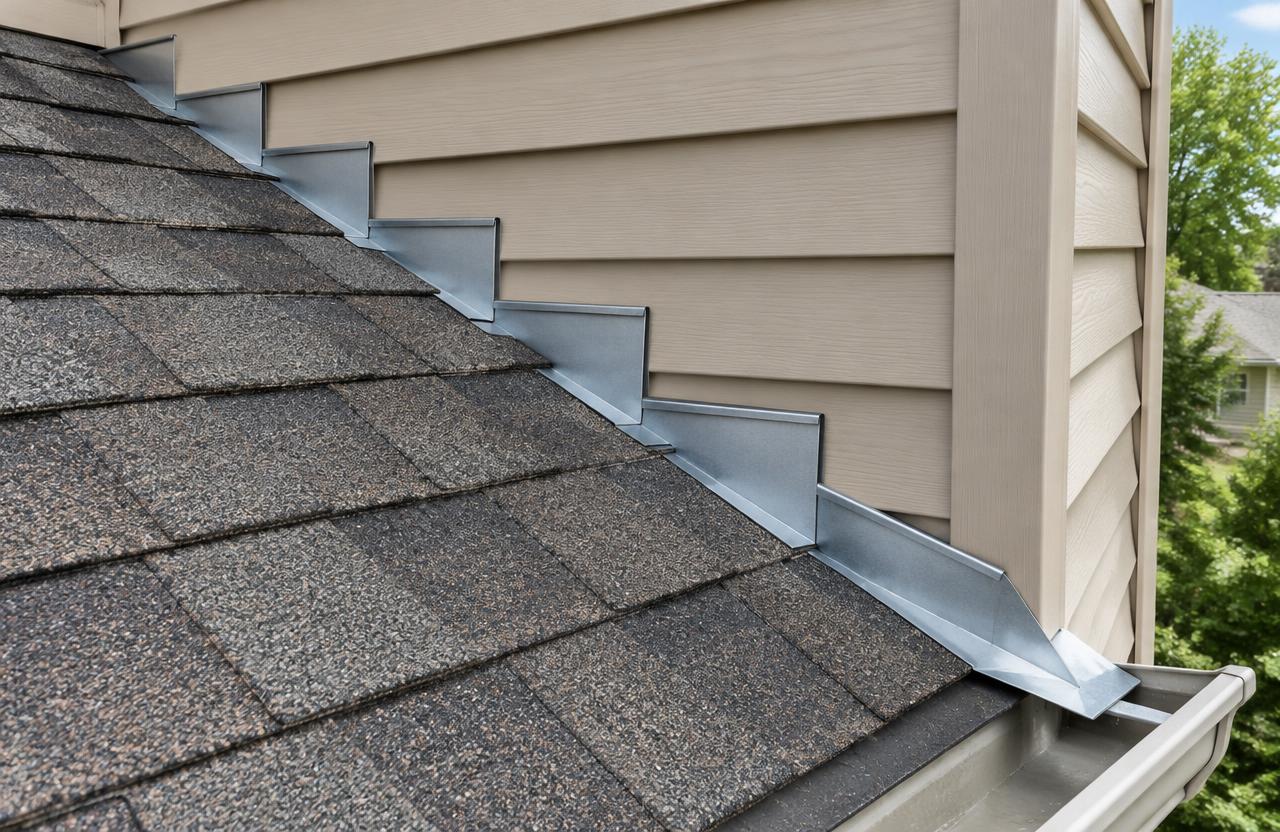 Metal step flashing pieces along the line where a shingle roof meets a sided wall, with a kickout flashing at the bottom by the gutter