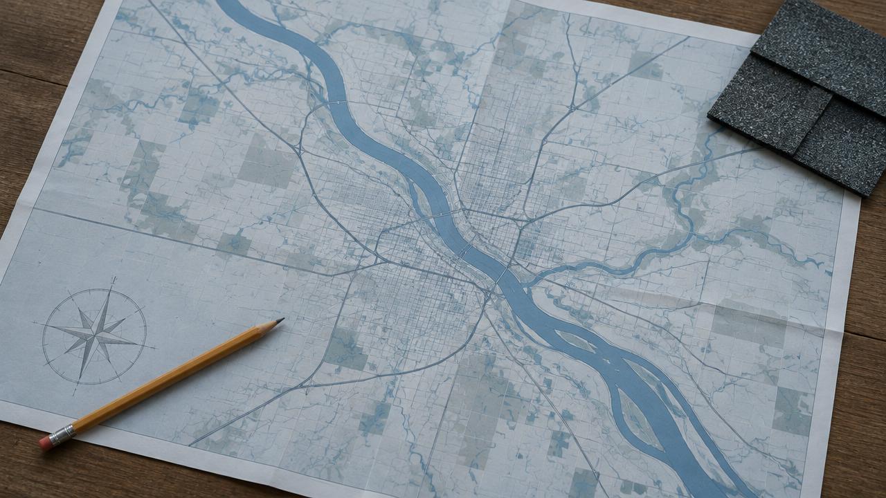 An unlabeled paper map of a river metro area lies on a wood table with a compass rose, a pencil and a dark shingle sample at the corner