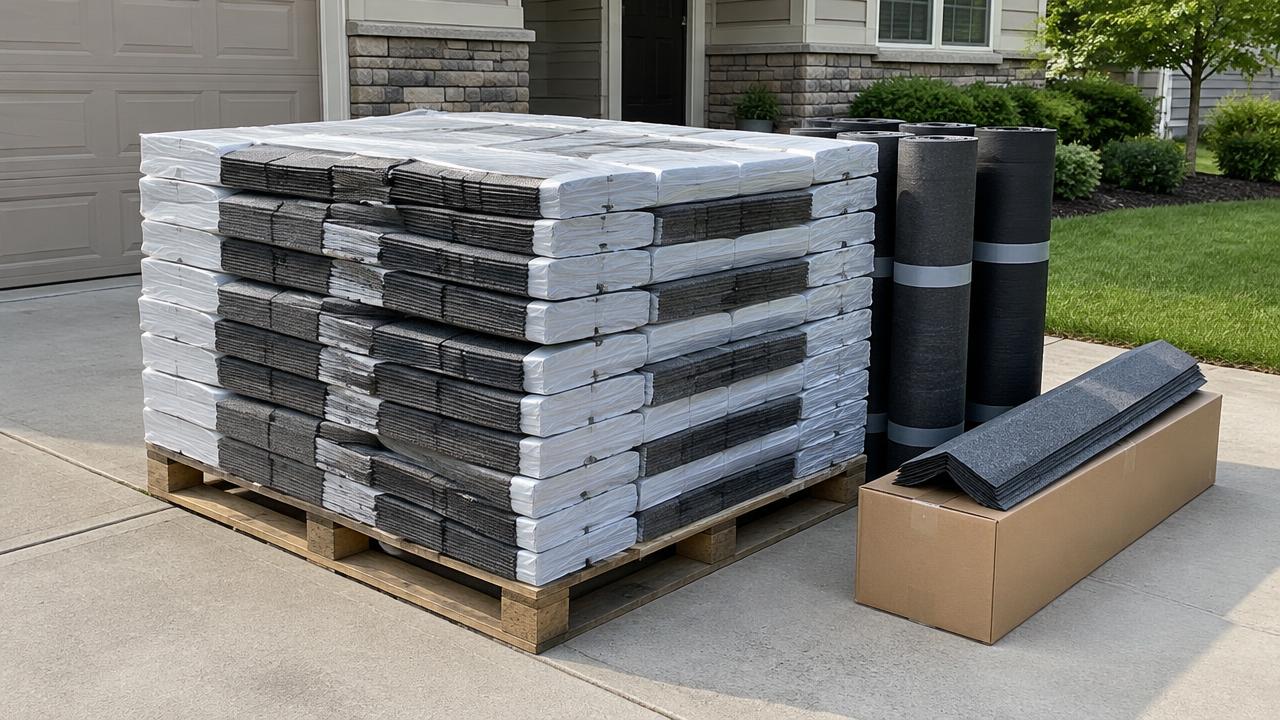 Wrapped bundles of unbranded asphalt shingles on a pallet in a driveway, next to rolls of underlayment and a box of ridge cap shingles