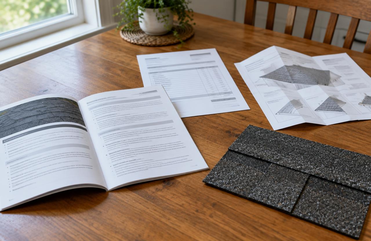 A shingle warranty booklet, a paper invoice, an install sheet and a dark gray shingle sample laid out on a kitchen table