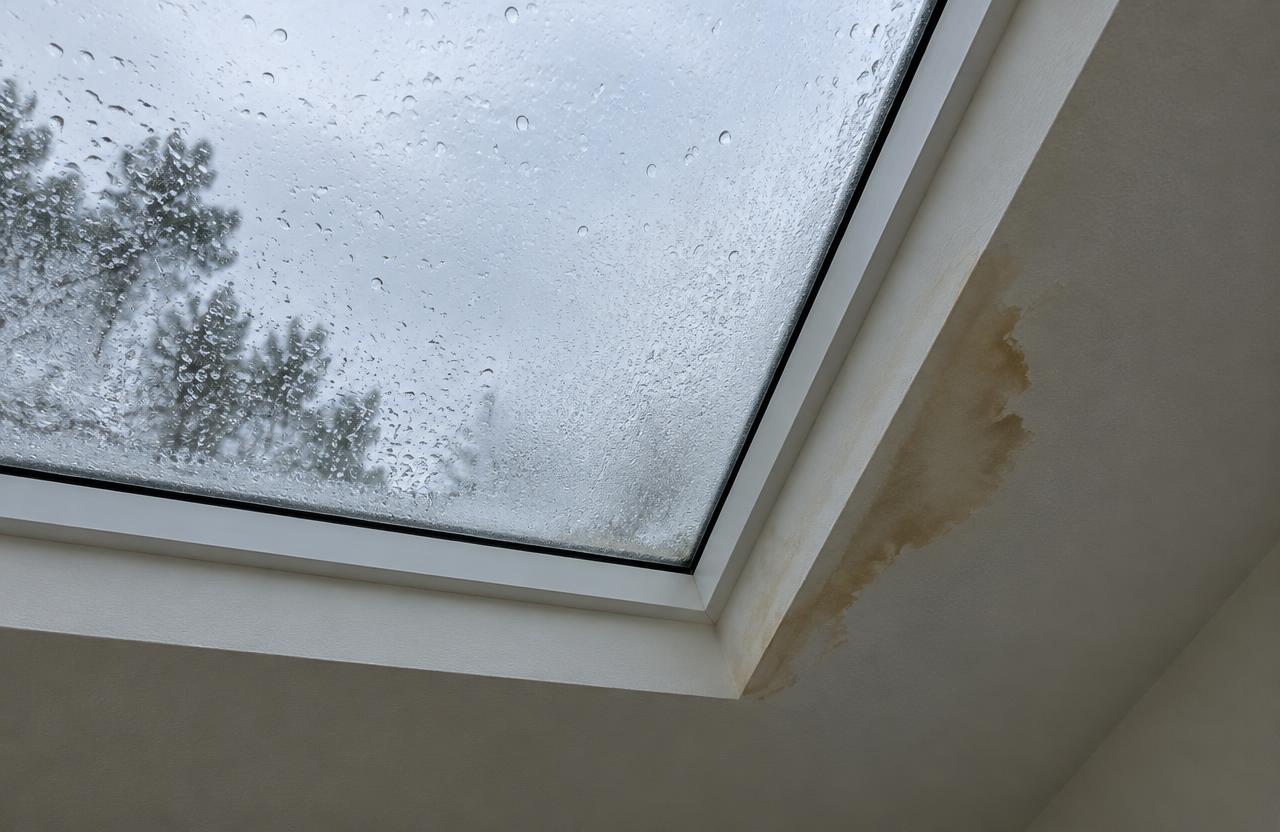 A ceiling skylight with raindrops on the glass and a brown water stain on the drywall beside its frame
