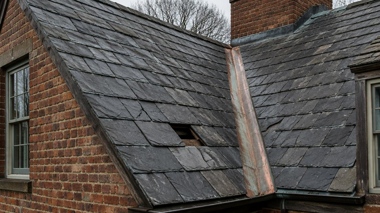 An old dark gray slate roof on a brick house, with one cracked slate, one missing slate and a copper valley between two roof sections