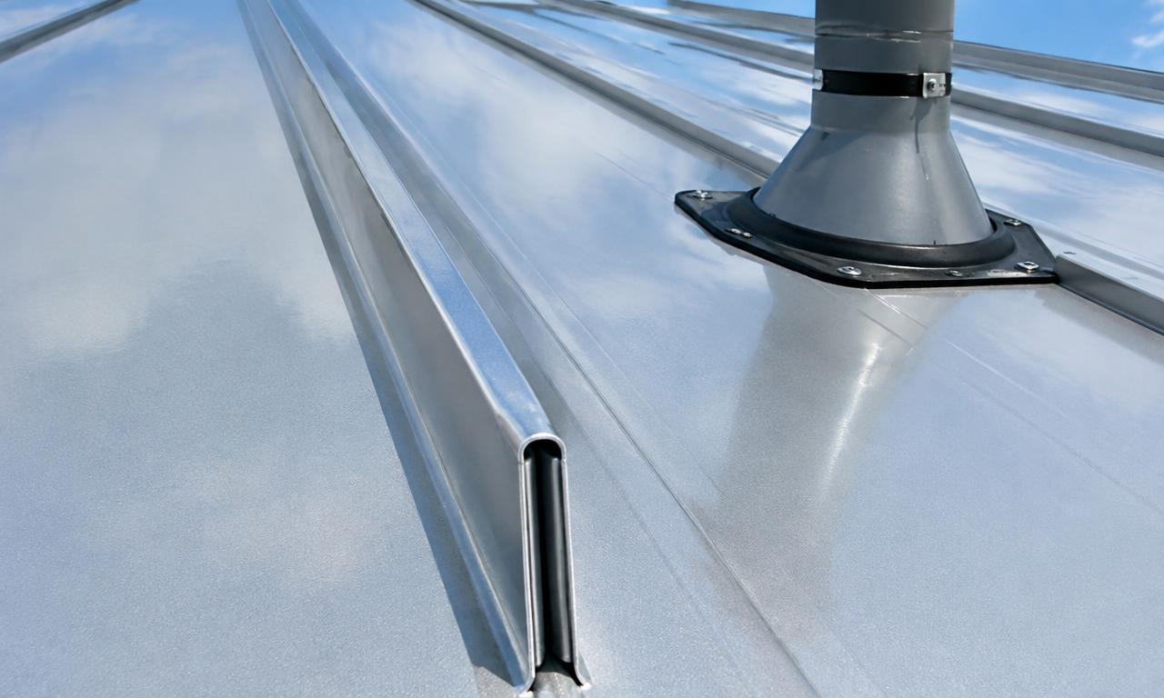Close view of a silver standing seam metal roof, showing a raised folded seam and a pipe passing through the roof with a sealed boot