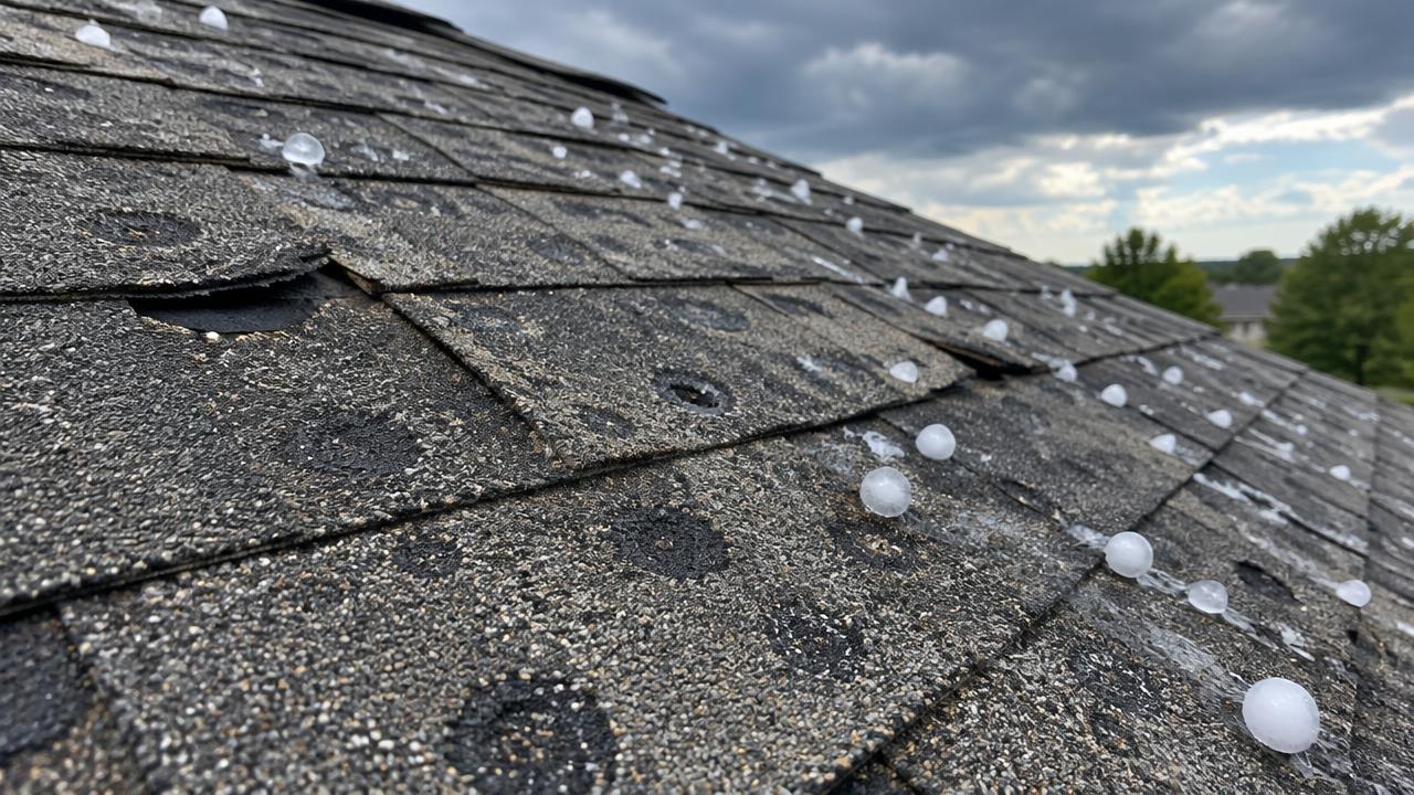 Hailstones melting on dark asphalt shingles with round bruise marks and a torn shingle tab after a storm