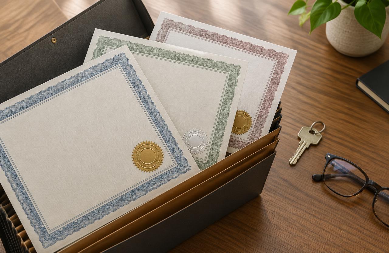 Three blank warranty certificates with embossed seals fanned out in an open accordion file, beside a house key and reading glasses
