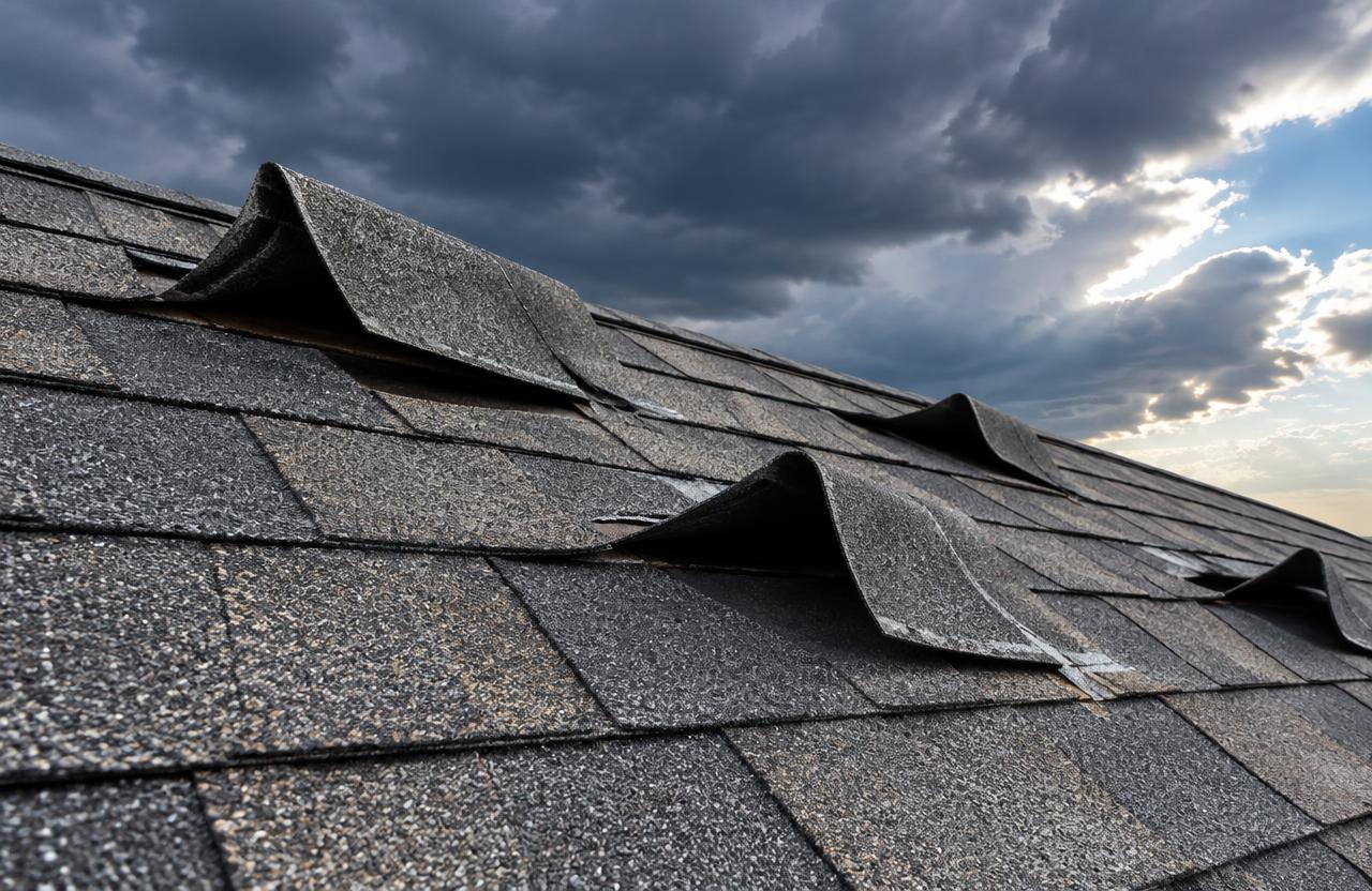 Asphalt shingles on a roof with several tabs folded back by wind against a clearing stormy sky